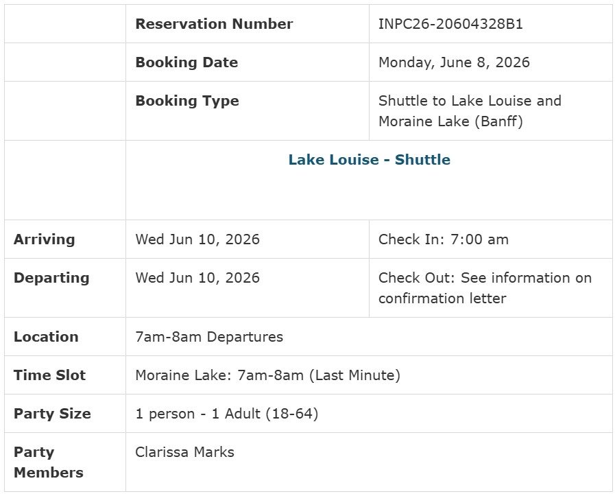 Parks Canada Moraine Lake shuttle booking