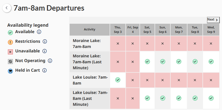 Parks Canada Moraine Lake shuttle booking on website
